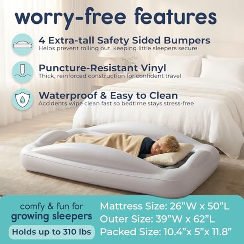 Hiccapop Inflatable Toddler Travel Bed with Safety Bumpers 4-Sided, Grey