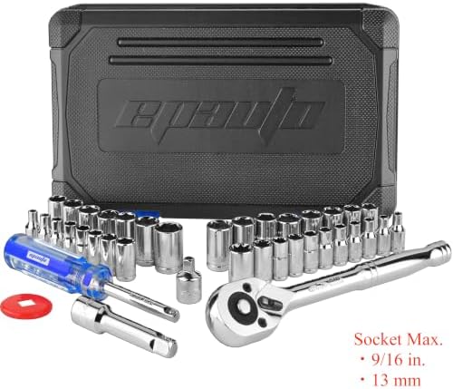 EPAuto 40 Pieces 1/4-Inch & 3/8-Inch Drive Socket Set, 72 Tooth Ratchet