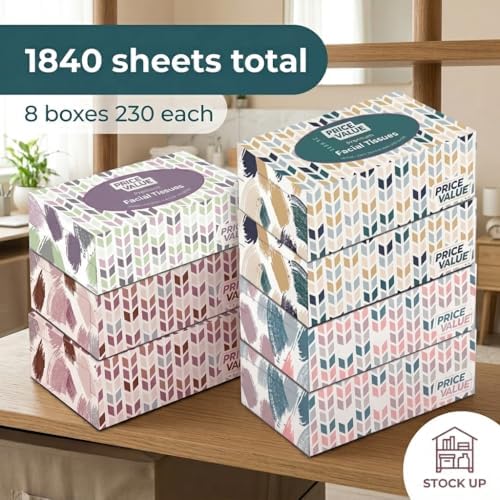 Price Value Facial Tissues Boxes Bulk, Soft 2-Ply, 230 Sheets, 8 Pack