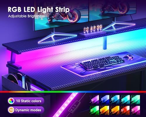 ODK 48 Inch L Shaped Gaming Desk with LED Lights, Power Outlets, Black