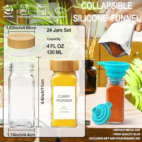 Glass Spice Jars with Bamboo Lid & 398 Label for Cabinet & Drawer Organizer