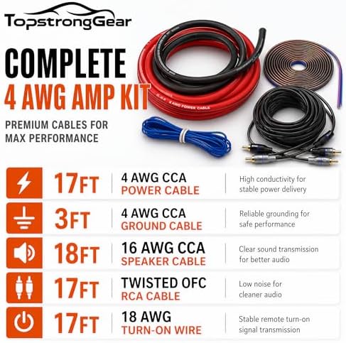 4 Gauge Amp Wire Kit, 4 CCA AWG Amplifier Wiring Kit for Subwoofer Speaker