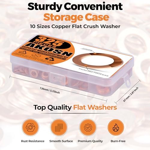 325 PCS Crush Copper Washers Assortment Kit; 10 Size Flat Sealing Copper Washers (M5-M14) for Electronic, Automotive, Motorcycles, Marine and Mechanical Use