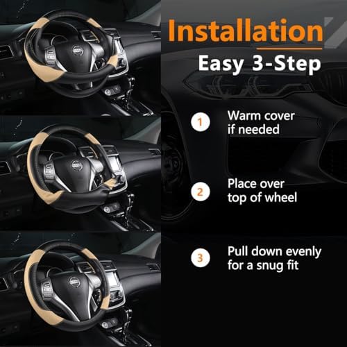 Leather Car Steering Wheel Cover, Universal Fit for Most Cars, Beige