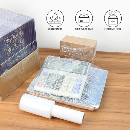 Stretch Film 4" × 500 ft, Shrink Wrap Rolls with Handle, 80 Gauge