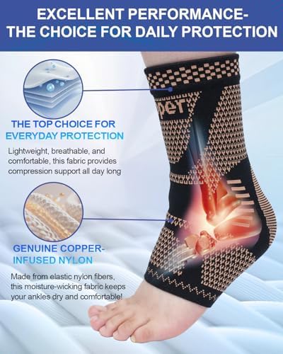 LISEPWU Copper Ankle Brace for Men & Women, Ankle Compression Sleeve 1 Pair