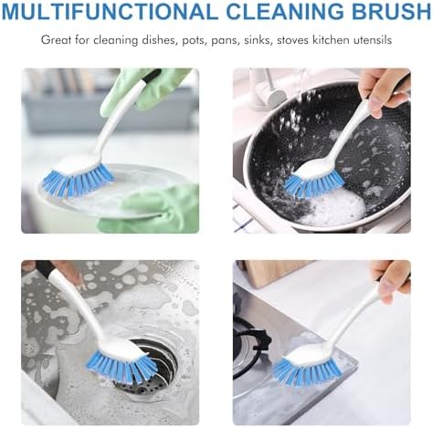 SetSail Dish Brush with Handle, 2 Pack Stiff Bristles Dish Scrubber with Built-in Scraper Dish Scrub Brushes for Cleaning Dishes, Pots and Pans, Kitchen Sink