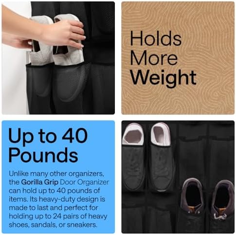 GORILLA GRIP Over the Door Shoe Organizer, 24 Large Pockets, Black