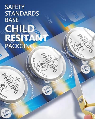PHILIPS CR2430 3V Lithium Button Cell Battery 5 Pack, 10 Year Shelf Life, Stable Discharge, Child Resistant Packaging Works with Key Fob & Household Electronics