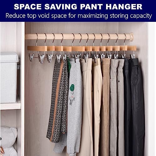 Amber Home 24 Pack Natural Wooden Pants Hangers with Adjustable Clips, 14"