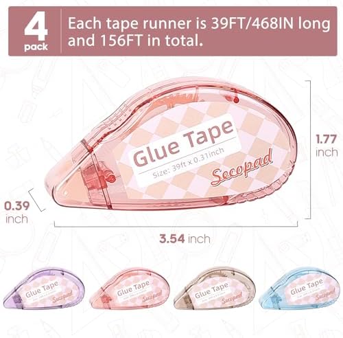 Secopad 0.3IN X 39FT Scrapbook Tape, 4 Pack Glue Tape, Light-Color Shell