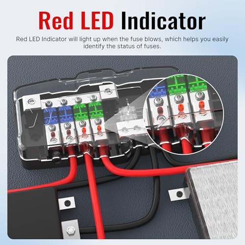 Joinfworld Fused Power Distribution Block Car Audio 4 Way MIDI(Mini-ANL) Fuse Block 12V 0/4 Gauge with Ground for Auto UTV Boat Stereo Amp