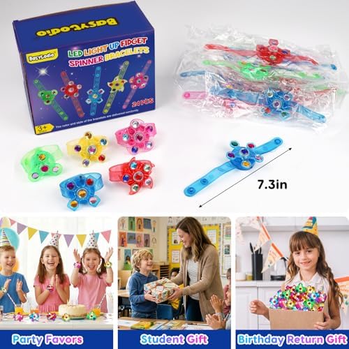 24PCS Light Up Fidget Spinner Bracelets,Glow Party Favors for Kids 4-8 8-12