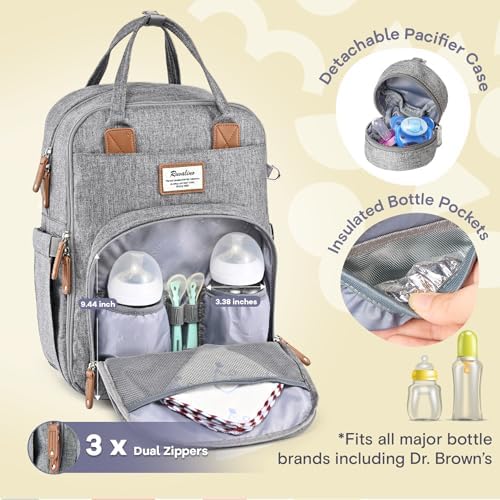 RUVALINO Diaper Bag Backpack-Multifunction Travel Baby Diaper Bag with Changing Pad, Insulated Bottle Holders & Pacifier Case, Large Capacity, Waterproof, Gray