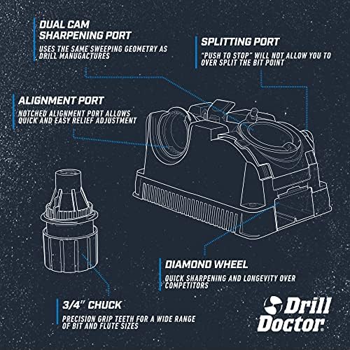 Drill Doctor DD750X Electric Drill Bit Sharpener, 3/32-3/4" High-Speed, Portable - Steel, Masonry, Carbide, Cobalt, Tin-Coated Bits, Adjustable Angles