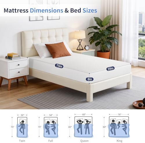 FDW | 8 Inch Twin Mattress | Medium Firm | Gel Memory Foam | White