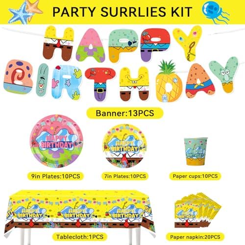 Cartoon Sponge Birthday Supplies, Cute Funny Sea Happy Birthday Tableware for Kid, Party Decoration Supplies with Banner, Tablecloth, Plate, Paper Cup, Napkin