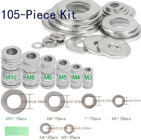 Flat Washers 105 Pcs Assortment, Multi-Size M3 to M10 Kit for Small Projects, Home Repair, Electronics, Furniture & Bicycle Maintenance Hardware Essentials