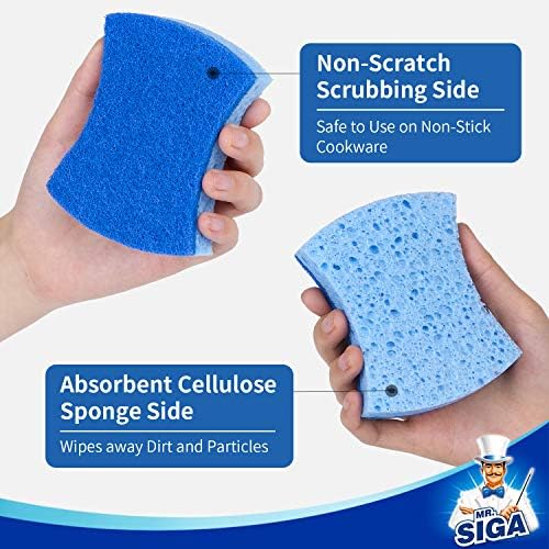 MR.SIGA Non-Scratch Cellulose Scrub Sponge, Dual-Sided Dish Sponge, 12 Pack