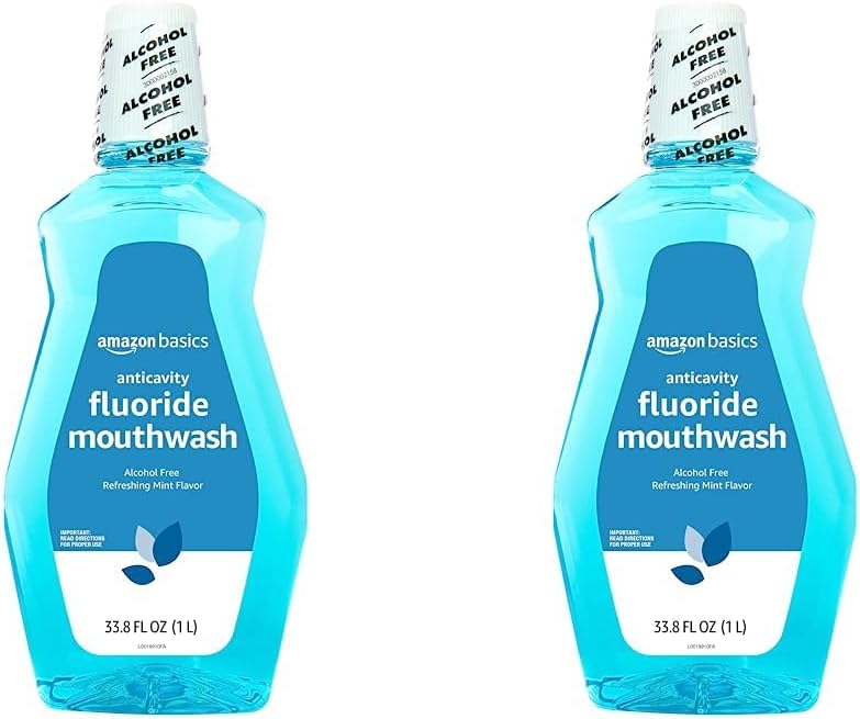Amazon Basics Fluoride Mouthwash for Adults, Anticavity, Alcohol Free, Bad Breath Control, Strengthens Teeth - Refreshing Mint Flavor, 1 Liter