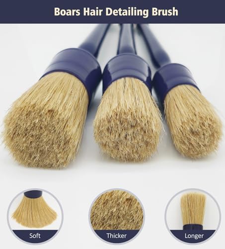 YeewayVeh 3PCS Car Detailing Brush Set, Boars Hair Bristles Brushes, Indigo