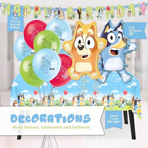 Bluey Birthday Decorations and Party Supplies with Balloons and Tablecloth