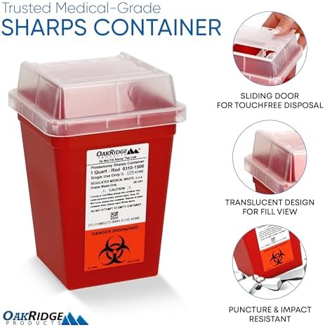Oakridge Products Sharps Container for Home Use and Professional 1 Quart (3-Pack), Biohazard Needle and Syringe Disposal, Small Portable Container for Travel, CDC Certified