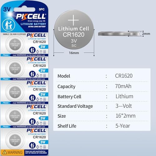 PKCELL 5 Pack CR1620 Battery CR1620 3V Lithium Battery