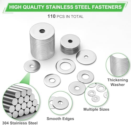 110 Pcs 304 Stainless Steel Metal Flat Washers for Screws and Bolts, Fender Washers Assortment Kit (12 Sizes M3-M12) for Automotive, Industrial & Home Use