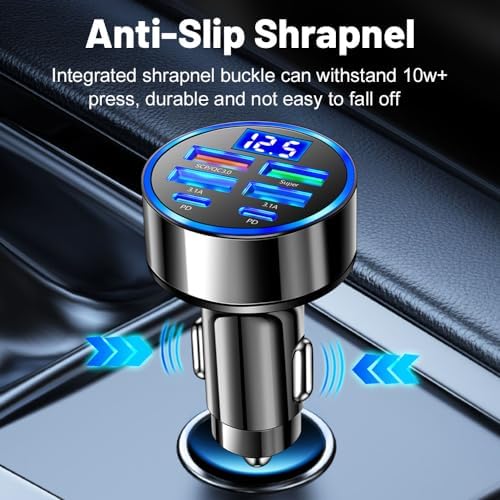 USB C Car Charger Adapter with Voltmeter Compatible with iPhone, Super+ QC3.0 6 in 1 Multi-Port Super Fast Charging Cigarette Lighter USB Charger for Android, Samsung