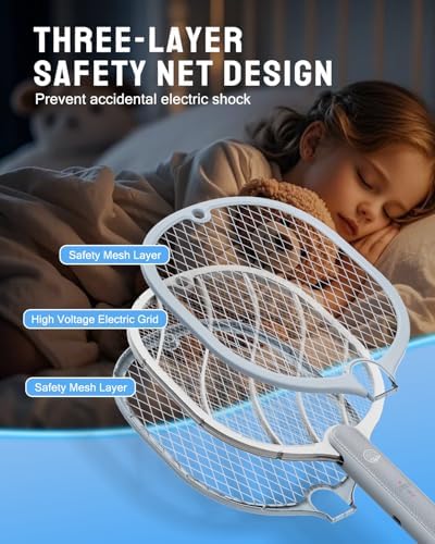 Mosiller Electric Fly Swatter, 3800V Bug Zapper Racket, Rechargeable 1200mAh Mosquito Killer, 3-Layer Safety Mesh, Lightweight, Easy to Use, Indoor Home Office Backyard Patio Camping (Basic 1 Pack)