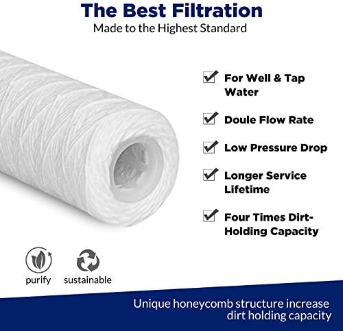 Membrane Solutions 5 Micron 10"x2.5" String Wound Whole House Water Filter Replacement Cartridge Universal Sediment Filters for Well Water - 6 Pack