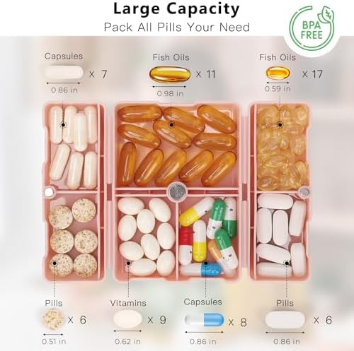 FYY Travel Pill Organizer, 7 Compartments Small Pill Box Medicine Case-Pink