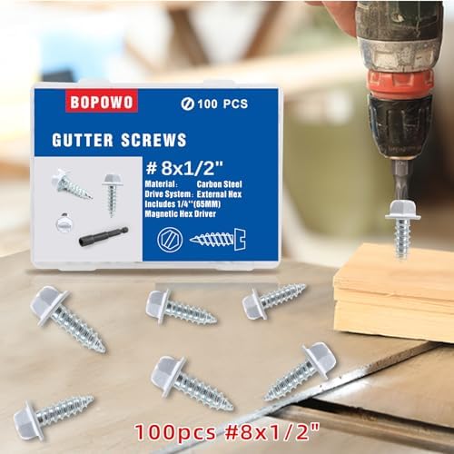 Self-Tapping Gutter Screws White Painted Slotted Hex Washer Head #8 x 1/2" Zinc Plated Finish, Includes 1/4" Magnetic Hex Driver - for Gutter Install