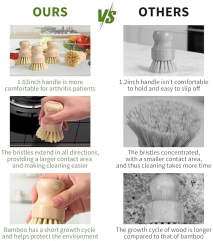 4 Pack Bamboo Dish Brush with Sisal Bristles for Kitchen Cleaning