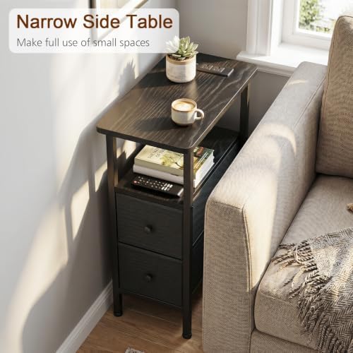 LOAKEKEL Narrow End Table with Charging Station, Small Nightstand