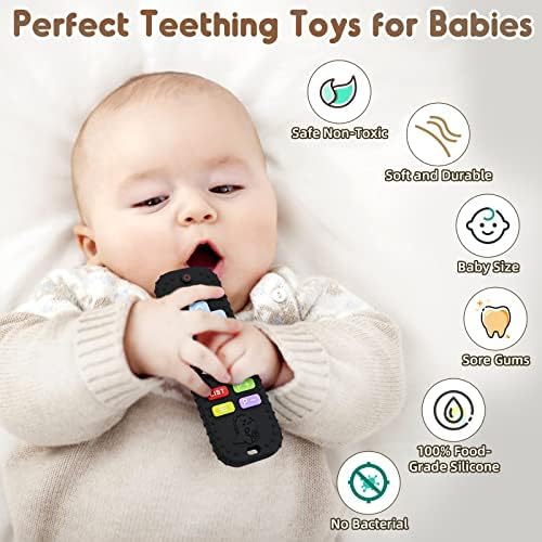 Teething Relief Teethers Toys for Babies 3-6-12 Months Gifts, Food Grade Silicone Sensory Baby Remote Control Teether Bath Toy for Newborn Infant Boy Girl Autism Birthday Christmas Gift, Black