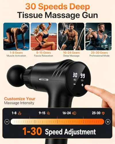 Massage Gun, 30 Speeds, 6 Heads, Quiet Deep Tissue Muscle Massager