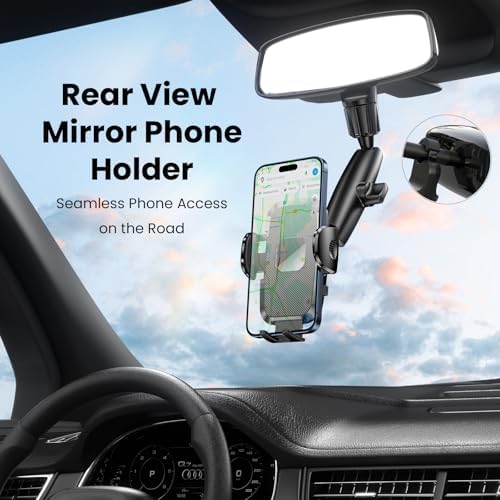 Phone Holders for Your Car, Rear View Mirror Phone Holder, 360° Rotating Car Phone Holder Mount Compatible with All 4"-7" iPhone and Android Cell Phones