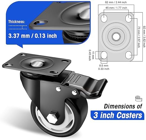 Caster Wheels-3 Inch Swivel Casters Set of 4 Heavy Duty with Brake