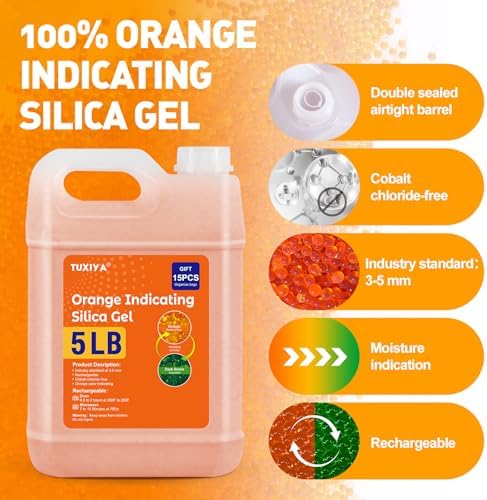 TUXIYA 5 LBS Orange Indicating Silica Gel Desiccant Beads Reusable
