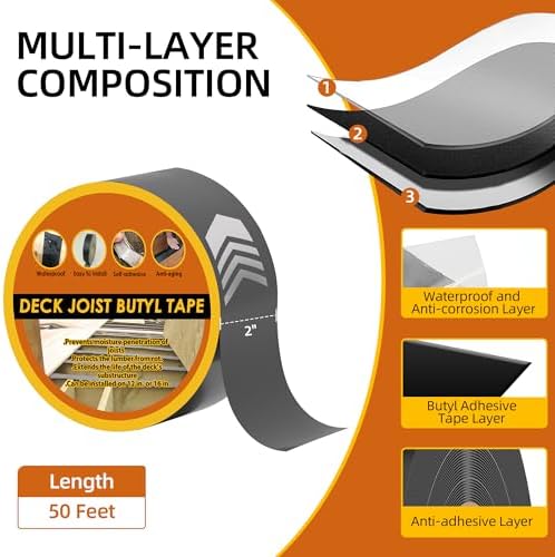 Butyl Joist Tape for Decking 2''×50', 4 Rolls Waterproof Deck Tape