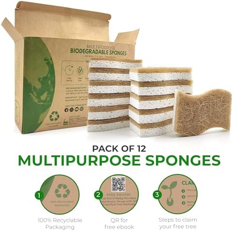 AIRNEX Natural Kitchen Sponges (12 Pack) - Biodegradable Cellulose & Coconut Scrubber Dish Sponges for Kitchen - Eco-Friendly, Non Scratch, Compostable, Non Toxic S-Shaped Natural Sponges for Dishes