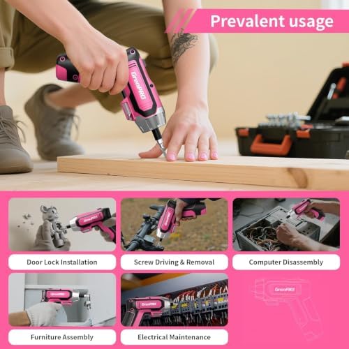 GRENPRO 4V Cordless Electric Screwdriver Set, 29-Piece, Pink
