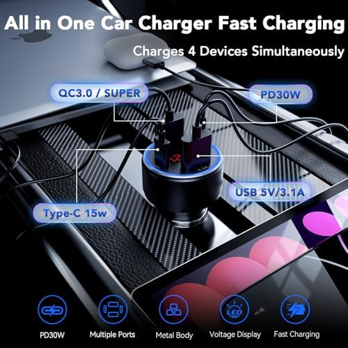 Car Charger USB C Fast Charge, 4 Port 78W Metal Car Phone Charger with Voltmeter, 2 USB-C & 2 USB-A Cigarette Lighter USB Charger Adapter for iPhone 17 16 15 Pro Max, Galaxy S26 S25, iPad