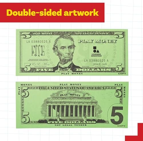 Learning Advantage Five Dollar Play Bills, Set of 100 Paper Bills