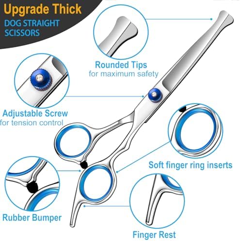 5 in 1 Upgraded Thicken Dog Grooming Scissors, Professional Dog Scissors for Grooming with Safety Round Tips, Lengnoyp Stainless Steel Thinning Shears, Pet Cat Shears for Grooming Kit