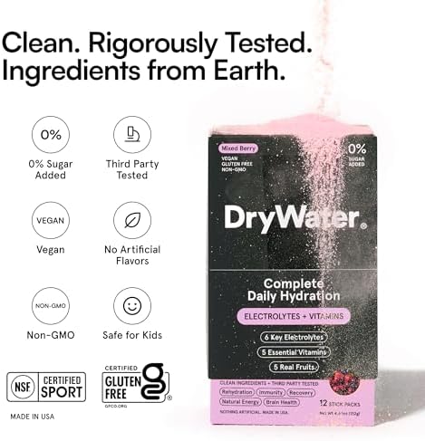DryWater Electrolytes + Vitamins Hydration Packets, Mixed Berry 12 Pack