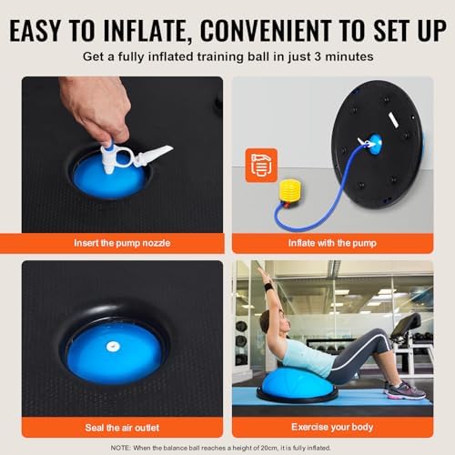 VEVOR Half Exercise Ball Trainer, 23/26 inch Balance Ball Trainer, 1500lbs Capacity Stability Ball, Yoga Ball with Resistance Bands & Foot Pump, Strength Fitness Ball for Home Gym Full Body Workout