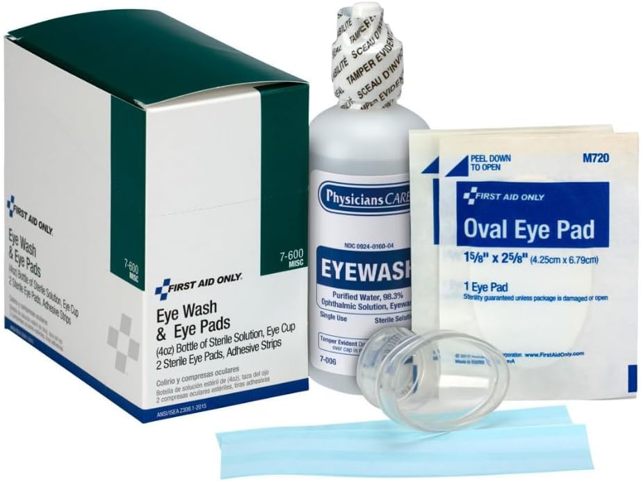 First Aid Only 6-Piece Eye Wash Kit with Oval Eye Pads, First Aid Adhesive Strips, Emergency Eye Rinse & Eye Wash Cup